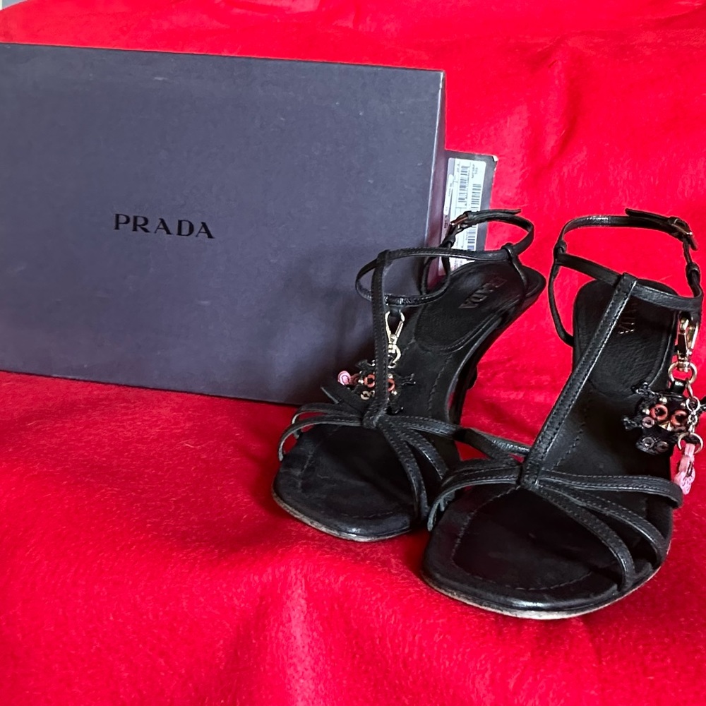 Prada black stiletto t strap sandals.  Size 39.5